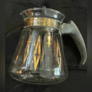 MCM PYREX GOLD ATOMIC DIAMOND STARS CARAFE 2 CUP COFFEE TEA POT 5"